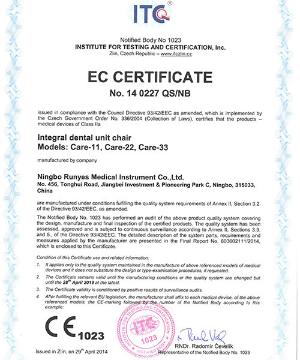 Certificado CE de la unidad dental. Certificado: 14 0227 QS/NB 